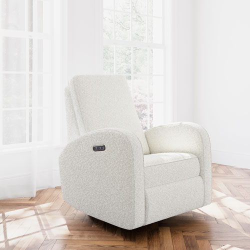 Fauteuil coulissant pivotant inclinable électrique Santa Monica de Storkcraft avec port de chargement USB - Bouclé ivoire