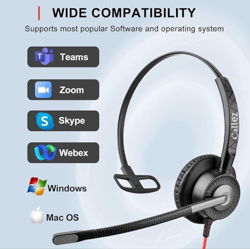 Callez USB Headset with Mic, Computer Headset with ENC Dual Noise Cancelling Microphone & MS Teams Call Button, Mono Wired Headphones for PC Laptop