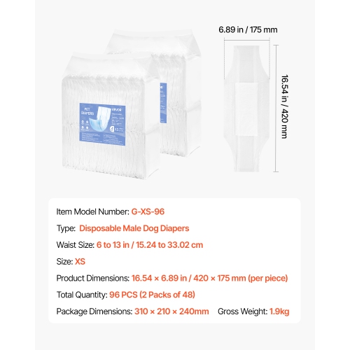 VEVOR 96 Count Disposable Male Dog Diapers, Super Absorbent Male Dog Wraps, 360 ° Leak-Proof Belly Bands with Wetness Indicator for Doggies in Heat,