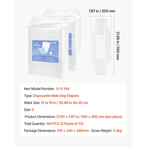 VEVOR 144 Count Disposable Male Dog Diapers, Super Absorbent Male Dog Wraps, 360 ° Leak-Proof Belly Bands with Wetness Indicator for Doggies in Heat,