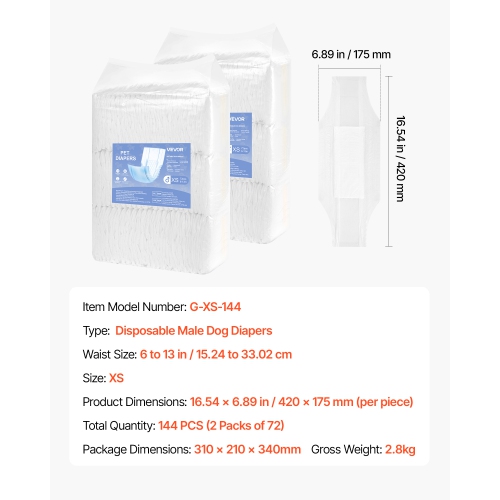 VEVOR 144 Count Disposable Male Dog Diapers, Super Absorbent Male Dog Wraps, 360 ° Leak-Proof Belly Bands with Wetness Indicator for Doggies in Heat,