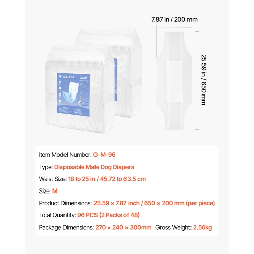 VEVOR 96 Count Disposable Male Dog Diapers, Super Absorbent Male Dog Wraps, 360 ° Leak-Proof Belly Bands with Wetness Indicator for Doggies in Heat,