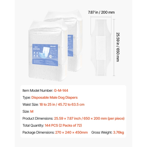 VEVOR 144 Count Disposable Male Dog Diapers, Super Absorbent Male Dog Wraps, 360 ° Leak-Proof Belly Bands with Wetness Indicator for Doggies in Heat,