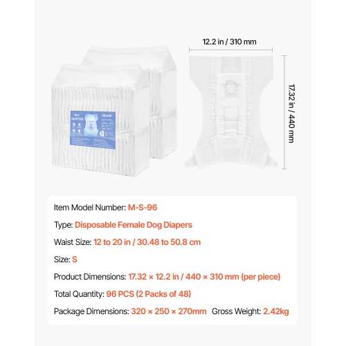 VEVOR 96 Count Disposable Dog Diapers,Super Absorbent Female Dog Diapers,360° Leak-Proof Female Doggy Pet Diaper with Wetness Indicator for Heat