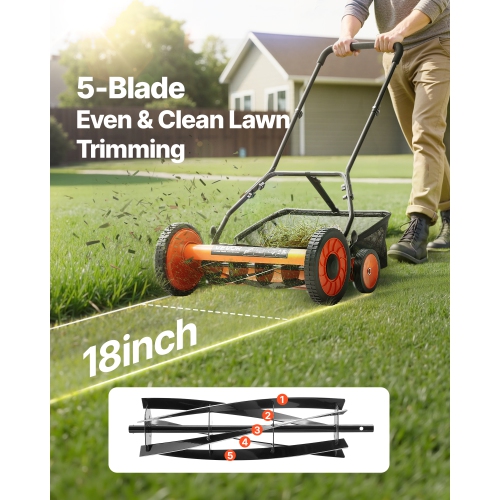 VEVOR 18 inch Push Reel Lawn Mower, 5 Blades Manual Push Mower No Motor, 1.37-2.44 in Adjustable Cutting Height, Walk-Behind Lawn Mowers with Grass