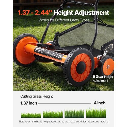 VEVOR 18 inch Push Reel Lawn Mower, 5 Blades Manual Push Mower No Motor, 1.37-2.44 in Adjustable Cutting Height, Walk-Behind Lawn Mowers with Grass