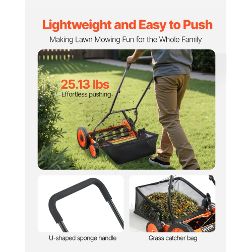 VEVOR 18 inch Push Reel Lawn Mower, 5 Blades Manual Push Mower No Motor, 1.37-2.44 in Adjustable Cutting Height, Walk-Behind Lawn Mowers with Grass