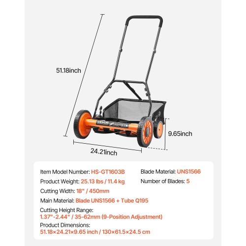 VEVOR 18 inch Push Reel Lawn Mower, 5 Blades Manual Push Mower No Motor, 1.37-2.44 in Adjustable Cutting Height, Walk-Behind Lawn Mowers with Grass