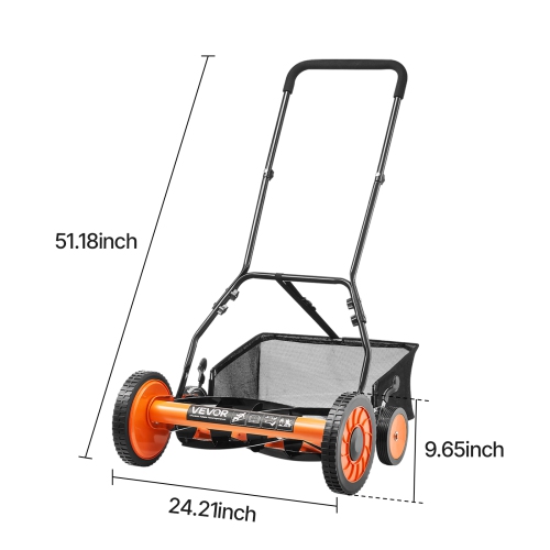 VEVOR 18 inch Push Reel Lawn Mower, 5 Blades Manual Push Mower No Motor, 1.37-2.44 in Adjustable Cutting Height, Walk-Behind Lawn Mowers with Grass