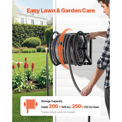 Dévidoir de jardin mural 5/8-po de VEVOR 200&nbsp;pi, peut contenir un boyau d'arrosage manuel, acier robuste, dévidoir d'extérieur avec raccord en
