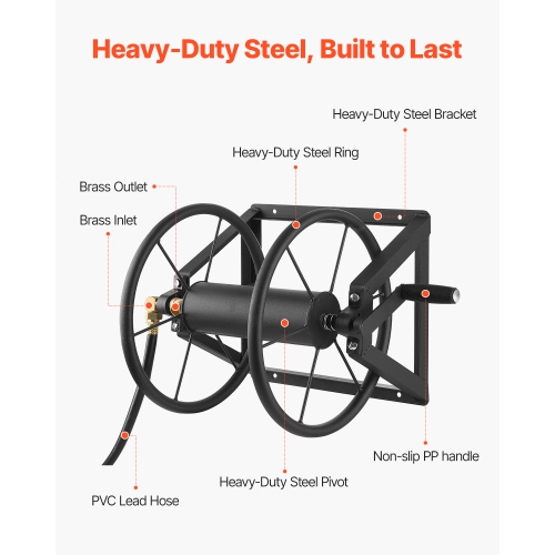 Dévidoir de jardin mural 5/8-po de VEVOR 200&nbsp;pi, peut contenir un boyau d'arrosage manuel, acier robuste, dévidoir d'extérieur avec raccord en