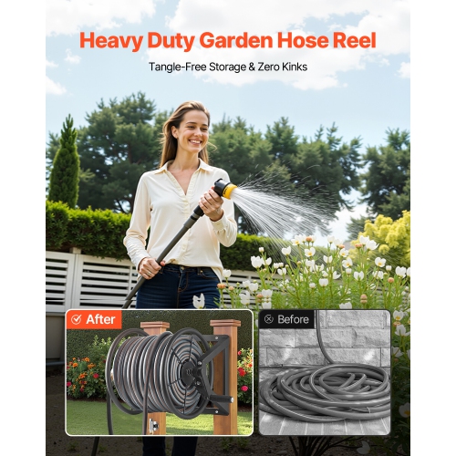Dévidoir de jardin mural 5/8-po de VEVOR 200&nbsp;pi, peut contenir un boyau d'arrosage manuel, acier robuste, dévidoir d'extérieur avec raccord en