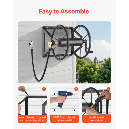 Dévidoir de jardin mural 5/8-po de VEVOR 200&nbsp;pi, peut contenir un boyau d'arrosage manuel, acier robuste, dévidoir d'extérieur avec raccord en