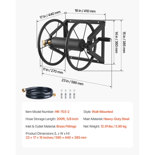 Dévidoir de jardin mural 5/8-po de VEVOR 200&nbsp;pi, peut contenir un boyau d'arrosage manuel, acier robuste, dévidoir d'extérieur avec raccord en
