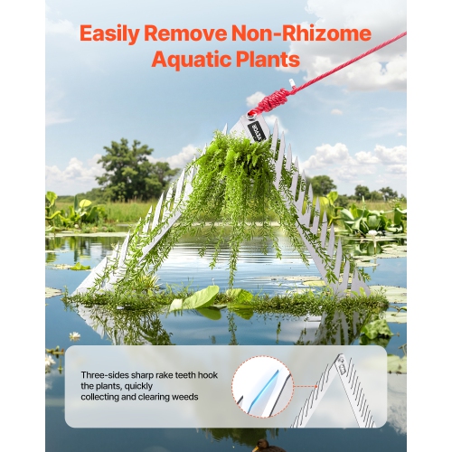 Râteau aquatique VEVOR 24&nbsp;po, râteau à herbes à 3 côtés avec poignée, rasoir à gazon portatif et pliable pour étang, coupe-herbe flottant en