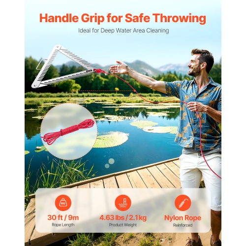 Râteau aquatique VEVOR 24&nbsp;po, râteau à herbes à 3 côtés avec poignée, rasoir à gazon portatif et pliable pour étang, coupe-herbe flottant en
