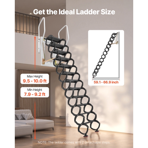 VEVOR 660LBS/299.4KG Capacity Attic Ladder Wall-Mounted, Fits 9.5 to 10 ft Ceiling Height, 12-Step Steel Folding Stairs with Handrails, Pull Down