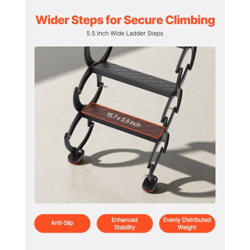 VEVOR 660LBS/299.4KG Capacity Attic Ladder Wall-Mounted, Fits 9.5 to 10 ft Ceiling Height, 12-Step Steel Folding Stairs with Handrails, Pull Down