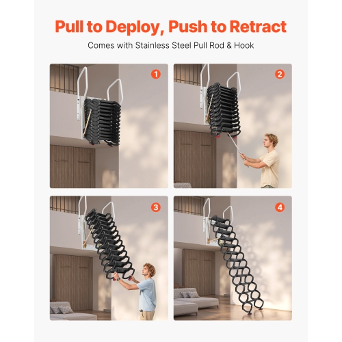 VEVOR 660LBS/299.4KG Capacity Attic Ladder Wall-Mounted, Fits 9.5 to 10 ft Ceiling Height, 12-Step Steel Folding Stairs with Handrails, Pull Down