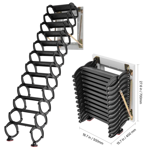 VEVOR 660LBS/299.4KG Capacity Attic Ladder Wall-Mounted, Fits 9.5 to 10 ft Ceiling Height, 12-Step Steel Folding Stairs with Handrails, Pull Down