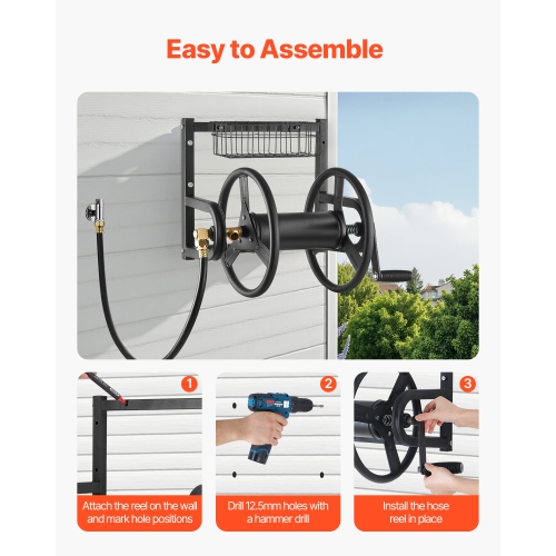 VEVOR 125 ft 5/8-inch Wall Mounted Garden Hose Reel, Holds Hose, Heavy-Duty Water Hose Winder, Space-Saving Design, Outdoor Manual Reel with Brass