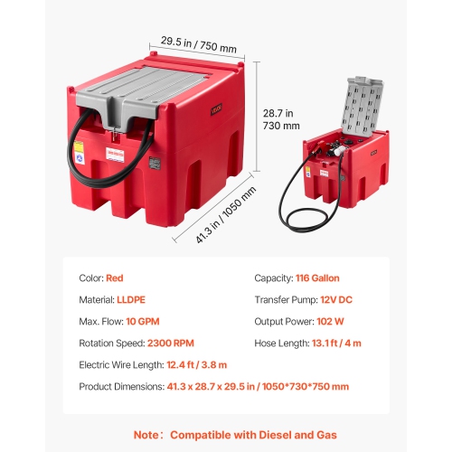 VEVOR 116 Gallon Portable Diesel & Gasoline Tank,10 GPM Flow Rate, Diesel Fuel Tank with 12V Electric Transfer Pump, 13.1ft Hose, Auto Fueling