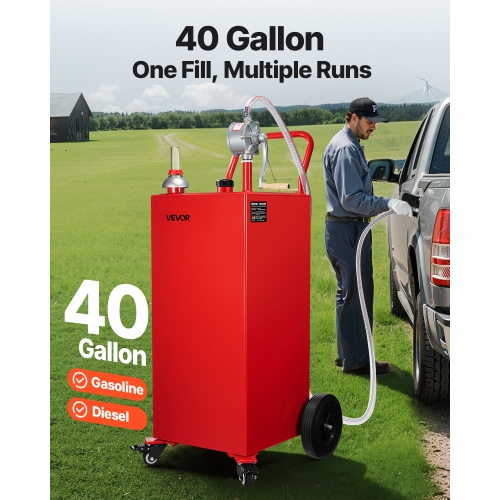 VEVOR 40 Gallon Fuel Caddy, Gasoline & Diesel Fuel Tank with Manual Transfer Pump, Portable Fuel Storage Tank with 4 Wheels & 10 ft Hose, Gas Caddy