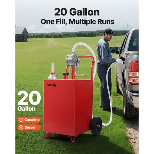 VEVOR 20 Gallon Fuel Caddy, Gasoline & Diesel Fuel Tank with Manual Transfer Pump, Portable Fuel Storage Tank with 2 Wheels & 10 ft Hose, Gas Caddy