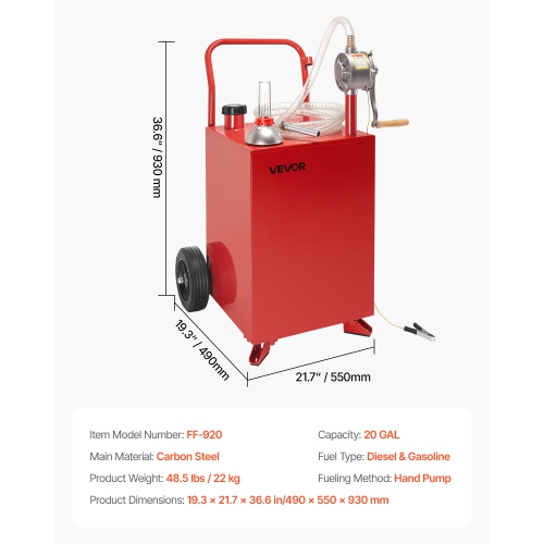 VEVOR 20 Gallon Fuel Caddy, Gasoline & Diesel Fuel Tank with Manual Transfer Pump, Portable Fuel Storage Tank with 2 Wheels & 10 ft Hose, Gas Caddy