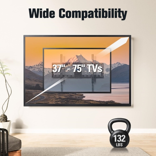 TV Wall Mount for Most 37-75" TVs, Tilting TV Mount Low Profile Up to VESA 600x400mm and 132 LBS Loading, Fits 16", 18", 24" Studs, Easy for TV