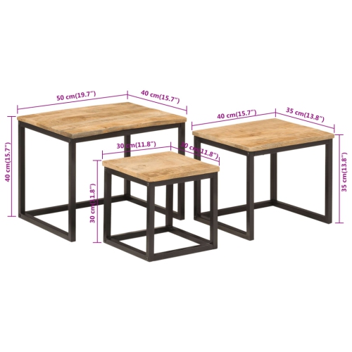 Tables basses gigognes vidaXL 3 pièces en bois massif mangue et fer
