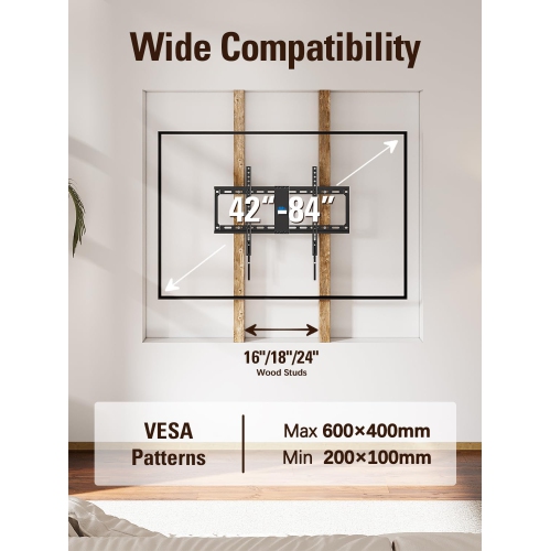 Fixed TV Mount Low Profile for Most of 42-84 Inches TV Low Profile TV Wall Mount fits 16" 18" 24" Wood Studs up to VESA 600 x 400mm and 132 LBS,