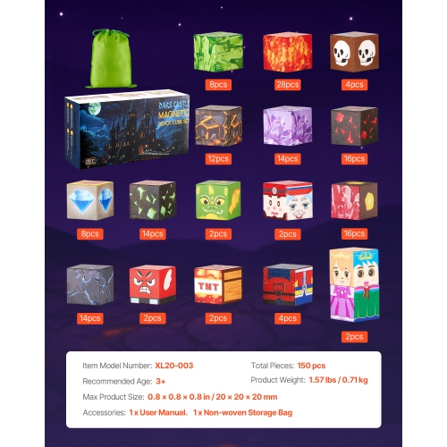 VEVOR 150 PCS Magnetic Blocks,Dark Castle Set, Magnetic Building Cubes for Kids,STEM Montessori Sensory Toys for Christmas Birthday Gift,Construction