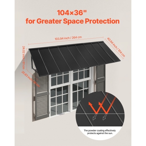 VEVOR 104 x 36 in Fixed Metal Awning , Window Awning Door Canopy, Stable Triangle Steel Frame Awnings for Doors Exterior Rain, Snow & Sunlight