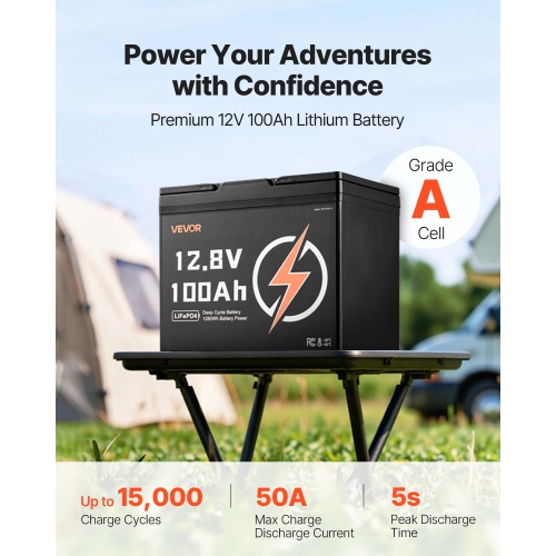 VEVOR 12V 100Ah LiFePO4 Battery, Up to 15000 Cycles, Deep Cycle Lithium Iron Phosphate Battery with Built-in BMS, Low Temperature Protection, 10