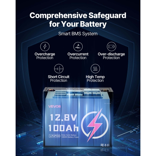 VEVOR 12V 100Ah LiFePO4 Battery, Up to 15000 Cycles, Deep Cycle Lithium Iron Phosphate Battery with Built-in BMS, Low Temperature Protection, 10