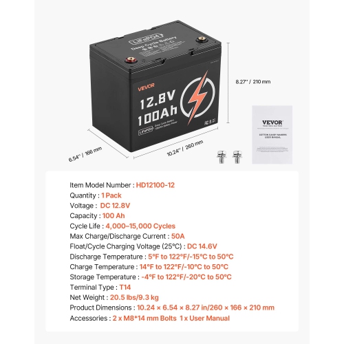 VEVOR 12V 100Ah LiFePO4 Battery, Up to 15000 Cycles, Deep Cycle Lithium Iron Phosphate Battery with Built-in BMS, Low Temperature Protection, 10