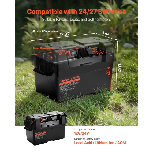 VEVOR 12V/24V Marine Battery Box, Group 24/27 Trolling Motor Battery Box, Batteries Case with PP Shell and Dual Straps, Smart Batteries Case,