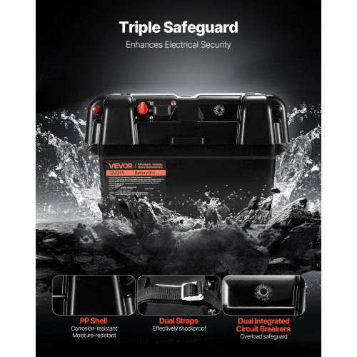 VEVOR 12V/24V Marine Battery Box, Group 24/27 Trolling Motor Battery Box, Batteries Case with PP Shell and Dual Straps, Smart Batteries Case,