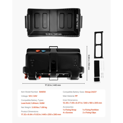 VEVOR 12V/24V Marine Battery Box, Group 24/27 Trolling Motor Battery Box, Batteries Case with PP Shell and Dual Straps, Smart Batteries Case,