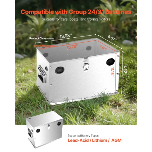 VEVOR Battery Box, Group 24/31 Trolling Motor Battery Box, Marine Batteries Case with Lock, Handles and Rubber-Grommet Cable Holes, Stainless Steel