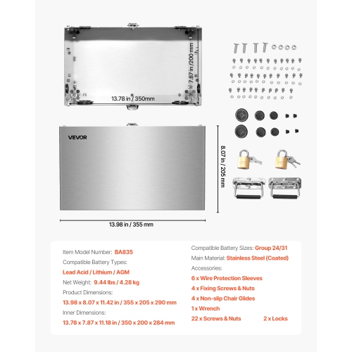 VEVOR Battery Box, Group 24/31 Trolling Motor Battery Box, Marine Batteries Case with Lock, Handles and Rubber-Grommet Cable Holes, Stainless Steel