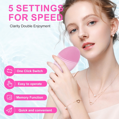 Rechargeable Facial Cleansing Brush, Soft Silicone Waterproof Sonic Vibrating Face Cleaning Brush Compatible with Face Cleansers, 5 Speeds, Pink