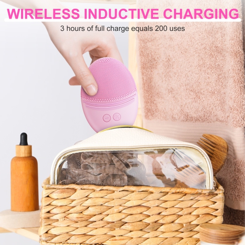 Rechargeable Facial Cleansing Brush, Soft Silicone Waterproof Sonic Vibrating Face Cleaning Brush Compatible with Face Cleansers, 5 Speeds, Pink