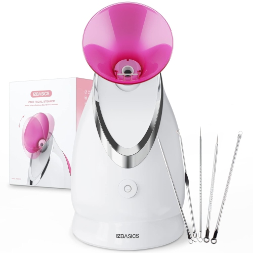 EZBASICS Facial Steamer Ionic Face Steamer for Home Facial, Warm Mist Humidifier Atomizer for Face, 1 Pack + 5 Stainless Steel Skin Kit, Pink