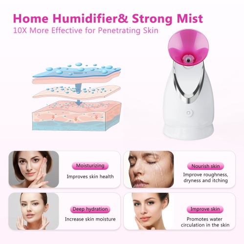 EZBASICS Facial Steamer Ionic Face Steamer for Home Facial, Warm Mist Humidifier Atomizer for Face, 1 Pack + 5 Stainless Steel Skin Kit, Pink