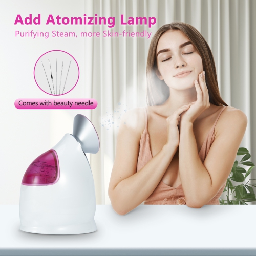 EZBASICS Facial Steamer Ionic Face Steamer for Home Facial, Warm Mist Humidifier Atomizer for Face, 1 Pack + 5 Stainless Steel Skin Kit, Pink