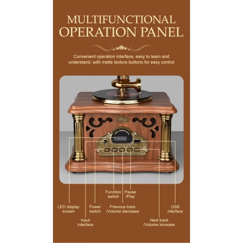 High-quality rechargeable audio record player, phonograph retro Bluetooth small speaker, retro wireless speaker - walnut