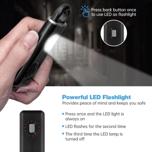 Petite alarme porte-clés autodéfense avec lampe rechargeable LED 130&nbsp;dB pour les voyages, la randonnée et la protection au quotidien - Noir
