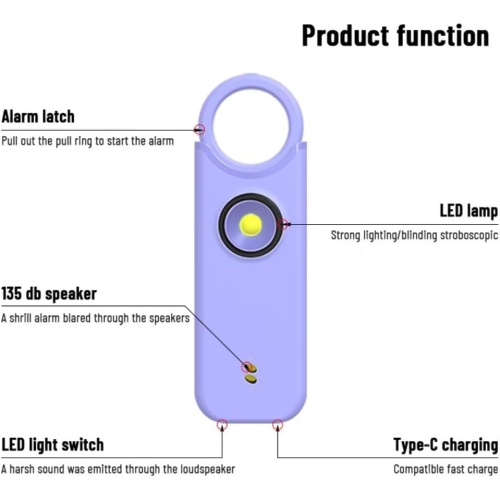 Petite alarme porte-clés autodéfense avec alarme rechargeable SOS LED de 135 dB et alarme vibrante pour aider les personnes âgées et les enfants